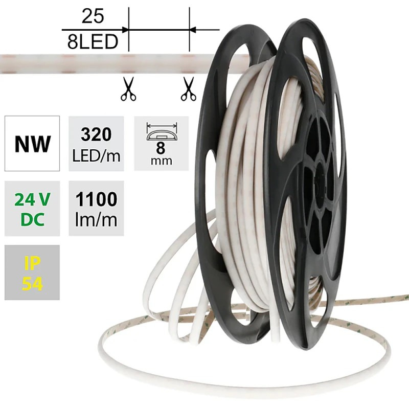 LED pásek MC LED Dot-Free NW, 320LED/m, 10W/m, DC 24V, 1100lm/m, CRI90, IP54, modul 25mm, 8mm, 50m