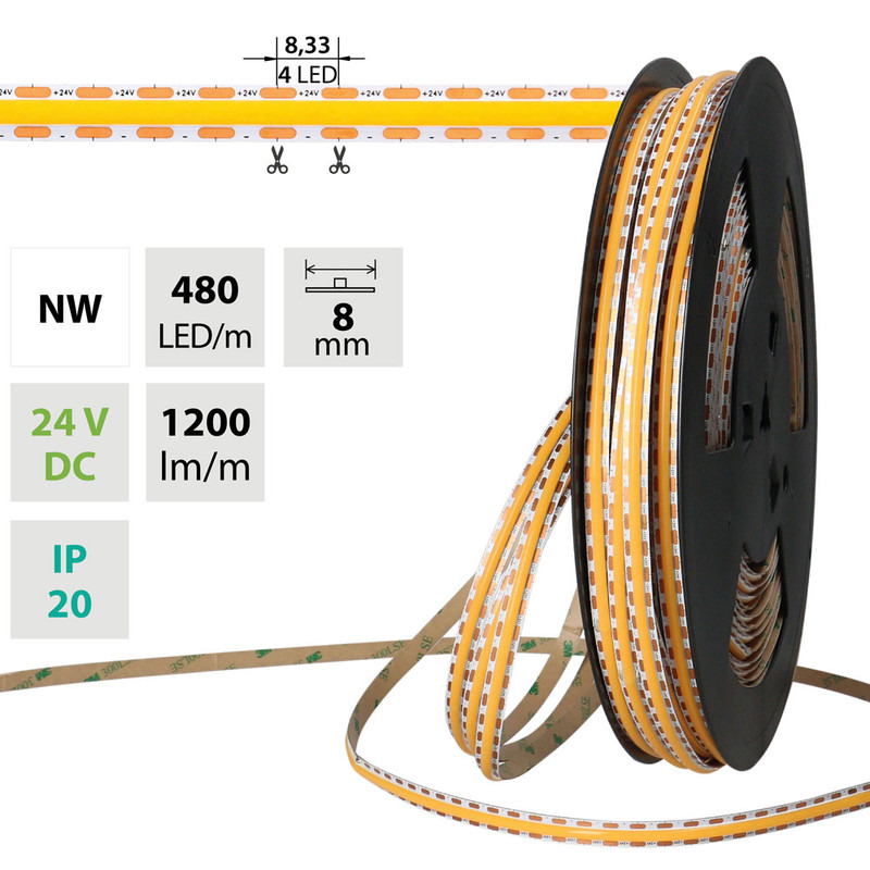 LED pásek McLED 24V COB neutrální bílá 480LED/m 12W/m CRI90 8mm ML-126.122.90.2