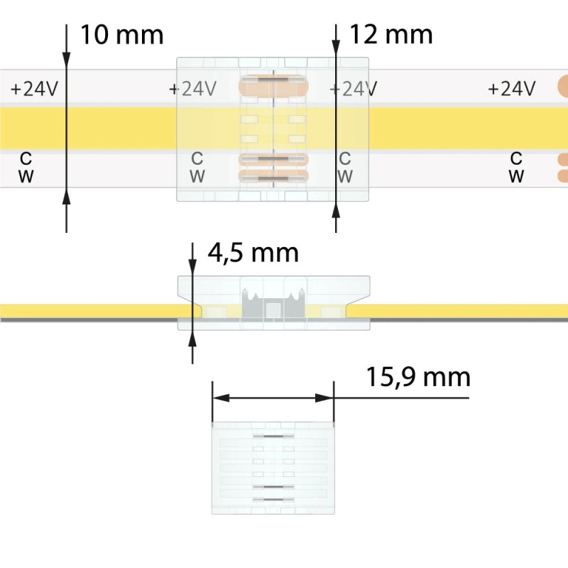 Spojka dvou CCT COB LED pásků MC LED šíře 10 mm, 3 piny, max. 3,5A