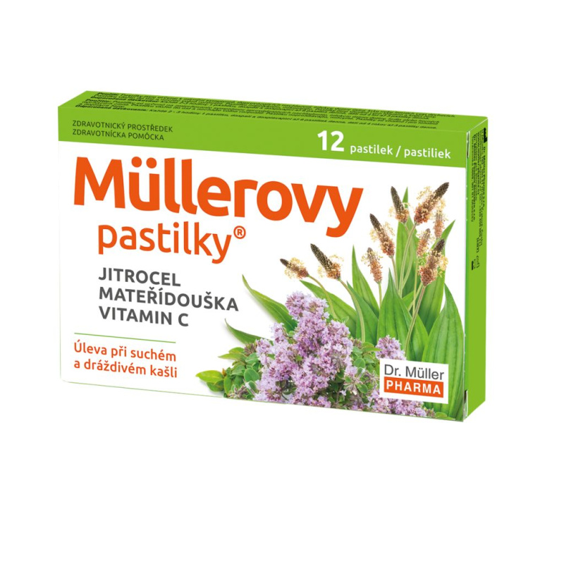 DR. MÜLLER Müllerovy pastilky s jitrocelem, mateřídouškou a vitaminem C 12 pastilek