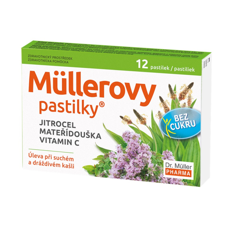 DR. MÜLLER Müllerovy pastilky s jitrocelem, mateřídouškou bez cukru 12 pastilek