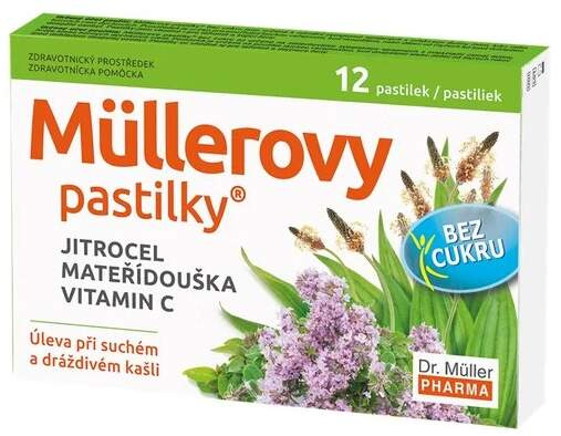 DR. MÜLLER Müllerovy pastilky s jitrocelem, mateřídouškou bez cukru 12 pastilek