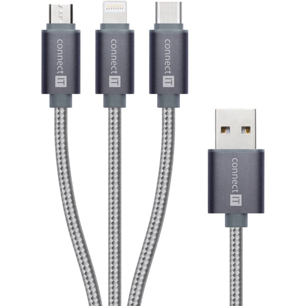 CONNECT IT Wirez 3in1 USB-C & Micro USB & Lightning, silver gray, 1,2 m