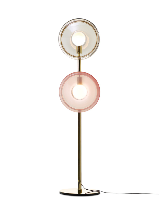Luxusní stojací lampa Bomma Orbital Povrch Montury: Zlatá, Barva skla: Kouřová + Růžová