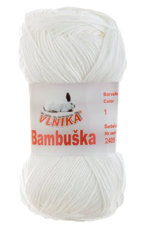 Pletací / háčkovací příze Vlnika BAMBUŠKA 01 bílá, klasická, bambusová, 50g/205m