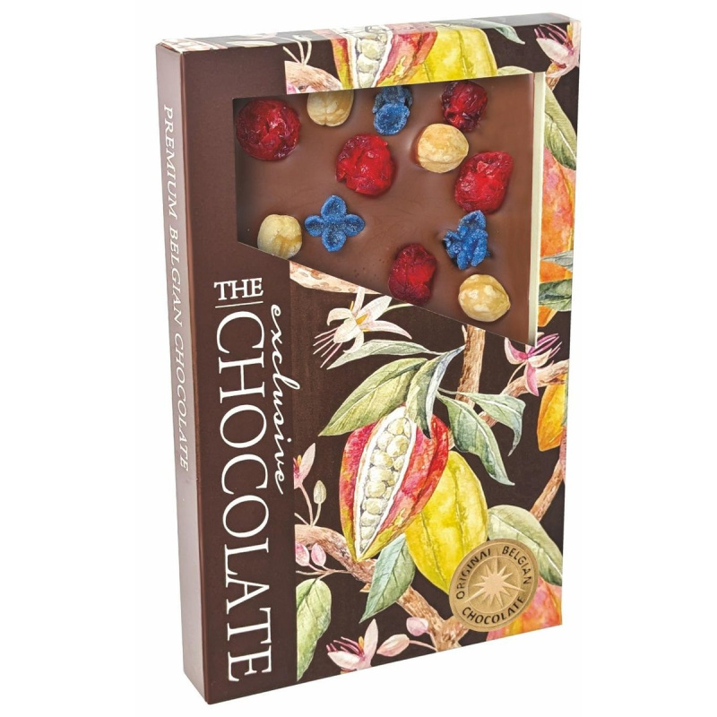 The Chocolate Formovaná mléčná čokoláda s lískovými oříšky, třešněmi a fialkami