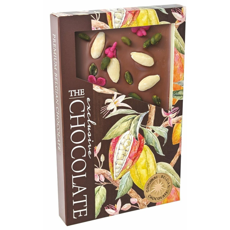 The Chocolate Formovaná mléčná čokoláda s mandlemi, pistáciemi a sušenými růžemi
