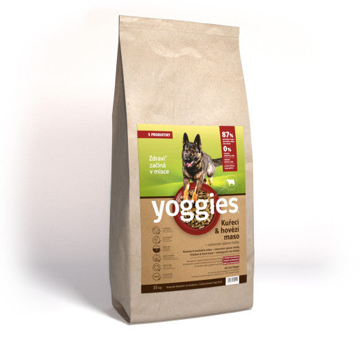 Yoggies, Kuřecí a hovězí maso, granule lisované za studena 15 kg + Fit kostičky Yoggies pro psy 2x47g