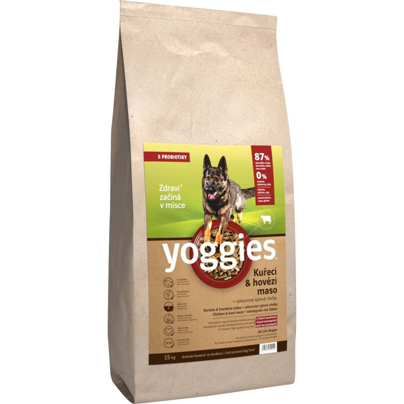 Yoggies, Kuřecí a hovězí maso, granule lisované za studena 15 kg + Fit kostičky Yoggies pro psy 2x47g