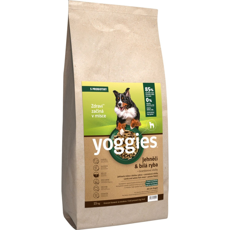 Yoggies, Jehnečí a bílá ryba, granule lisované za studena  15 kg + Fit kostičky Yoggies pro psy 2x47g