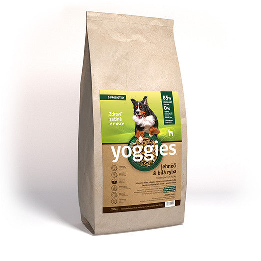 Yoggies, Jehnečí a bílá ryba, granule lisované za studena  20 kg + Fit kostičky Yoggies pro psy 2x47g