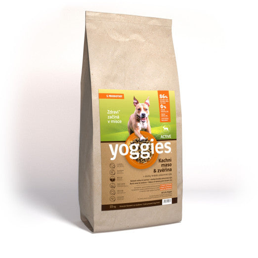 Yoggies Active kachna a zvěřina, granule lisované za studena  15 kg + Fit kostičky Yoggies pro psy 2x47g