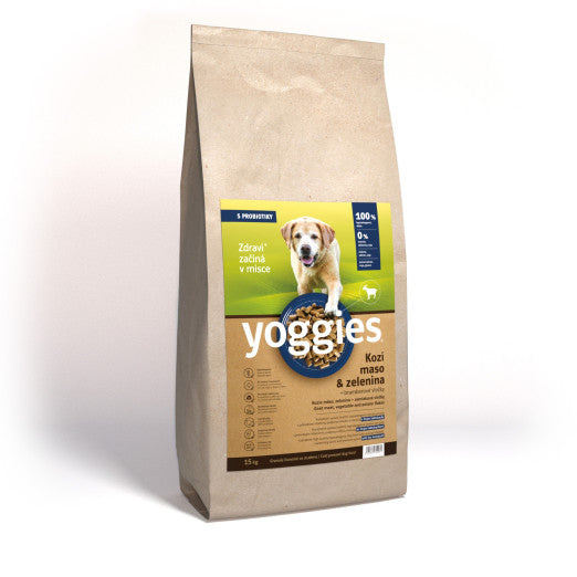 Yoggies Hypoalergenní granule s kozím masem, lisované za studena 15 kg + Fit kostičky Yoggies pro psy 2x47g 