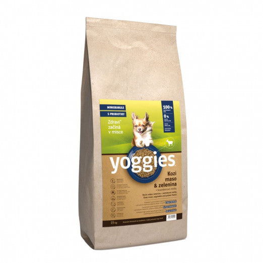 Yoggies Hypoalergenní MINIGRANULE pro psy s kozím masem, lisované za studena 15 kg + Fit kostičky Yoggies pro psy 2x47g
