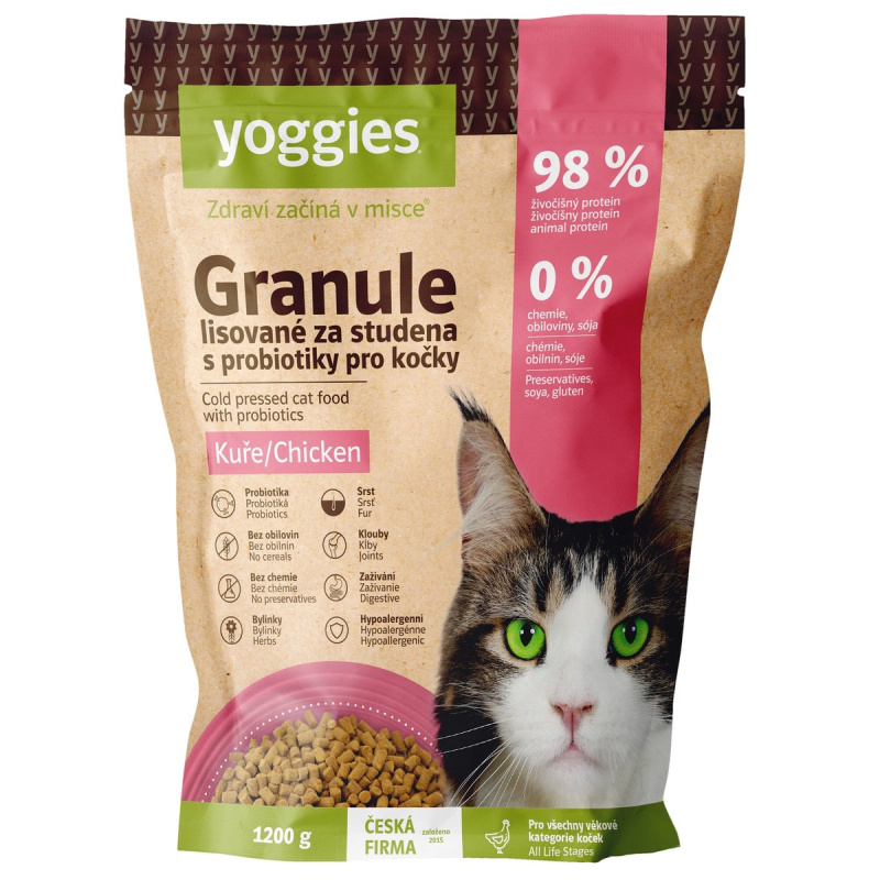 Yoggies Granule pro kočky s kuřecím masem, lisované za studena s probiotiky 1,2 kg
