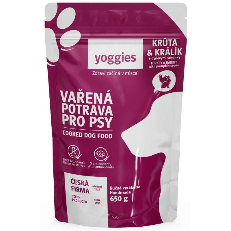 Yoggies Vařená potrava pro psy – krůtí a králičí maso s dýňovými semínky a kloubní výživou