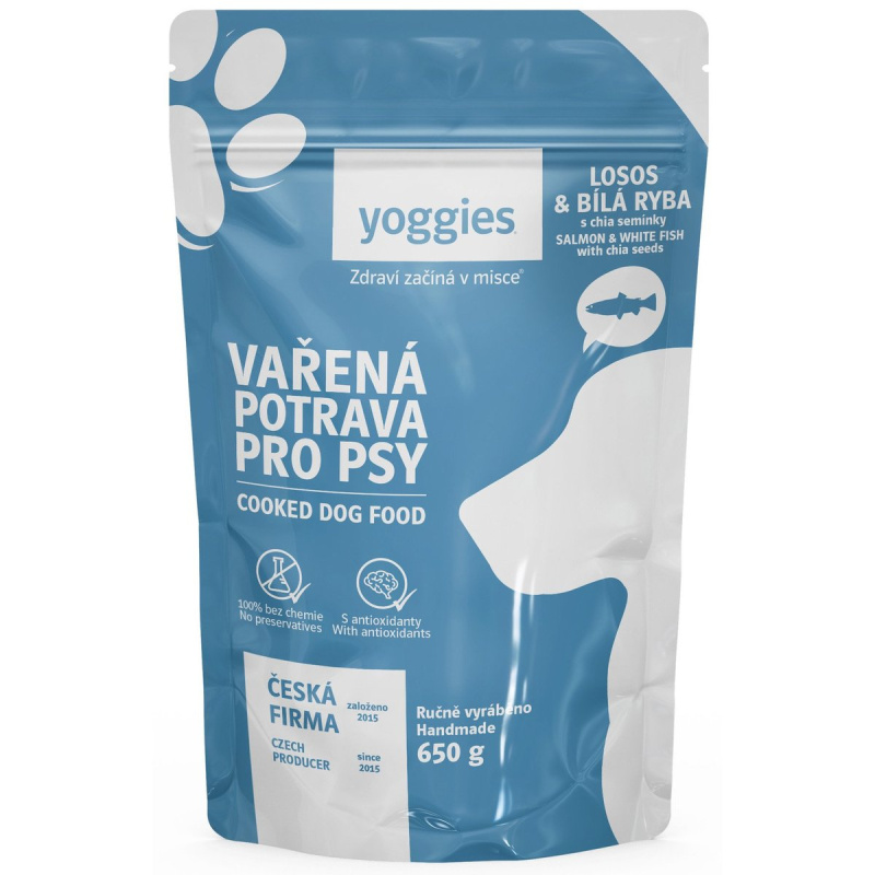 Yoggies Vařená potrava pro psy – losos a bílá ryba s chia semínky a kloubní výživou