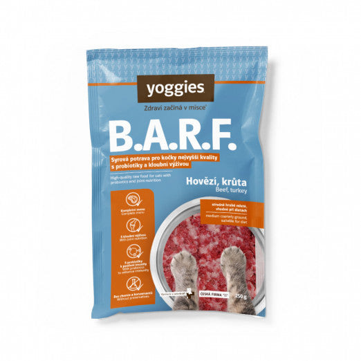 Yoggies BARF Hovězí a krůtí komplet s brusinkami a konopným olejem s probiotiky 6x250 g
