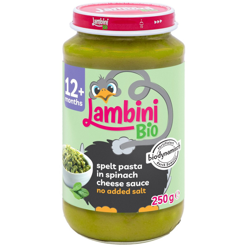 Lambini BIO Demeter příkrm špaldové těstoviny se špenátovo-sýrovou omáčkou