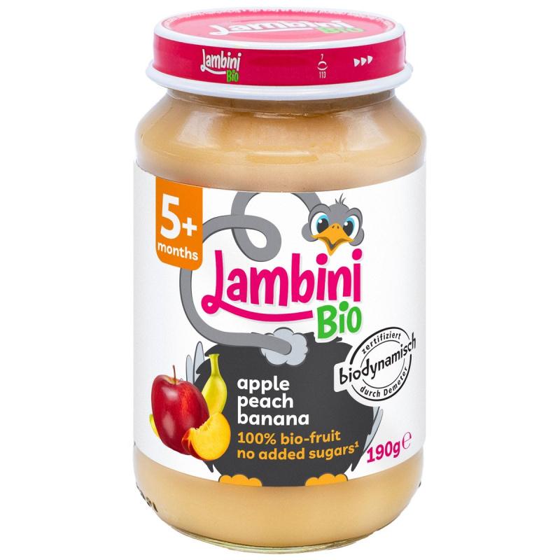 Lambini BIO Demeter příkrm jablko, broskev a banán