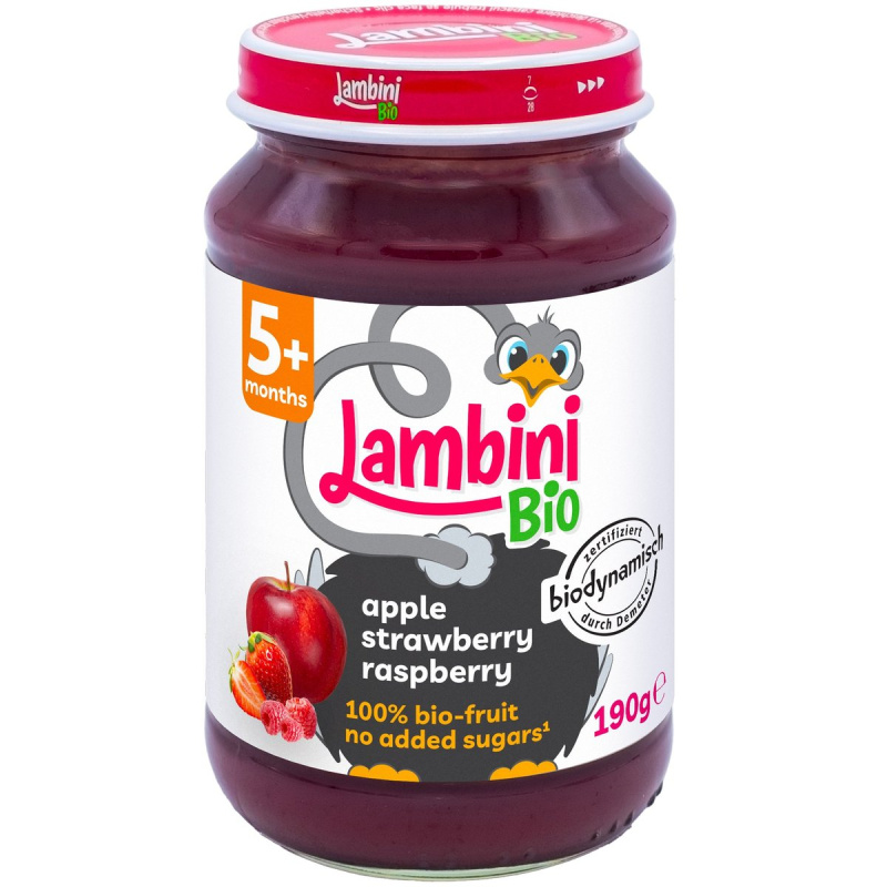 Lambini BIO Demeter příkrm jablko, jahoda a malina