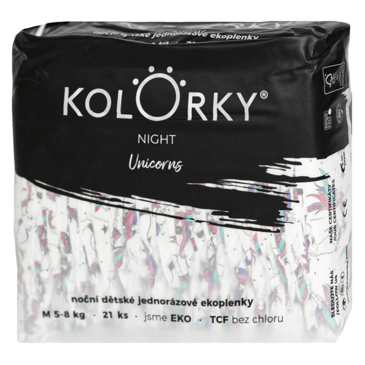 Kolorky Night Unicorn jednorázové EKO pleny pro kompletní ochranu v průběhu noci velikost M 5-8 Kg 21 ks