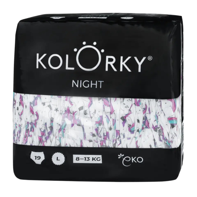 Kolorky Night Unicorn jednorázové EKO pleny pro kompletní ochranu v průběhu noci velikost L 8-13 Kg 19 ks
