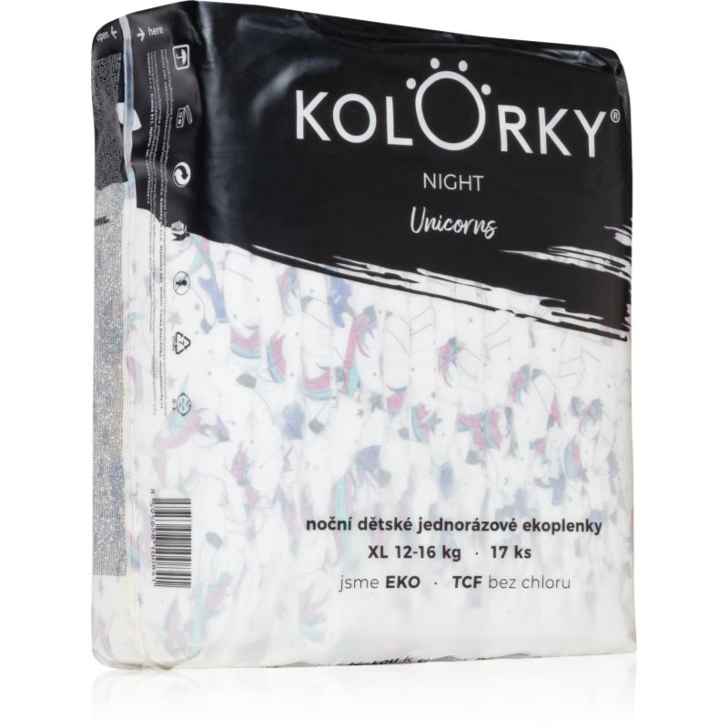 Kolorky Night Unicorn jednorázové EKO pleny pro kompletní ochranu v průběhu noci velikost XL 12-16 Kg 17 ks
