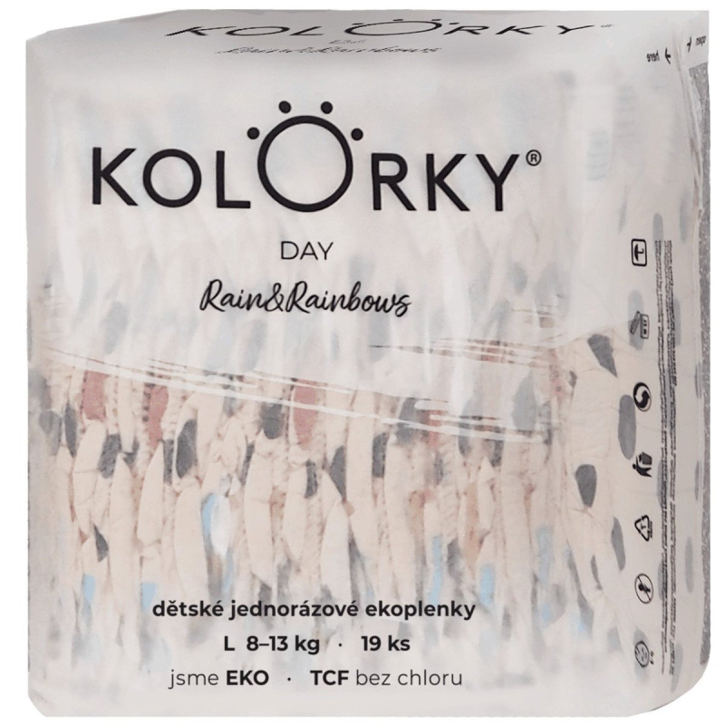 Kolorky EKO Jednorázové plenky day L déšť a duhy (8–13 kg) 19 ks