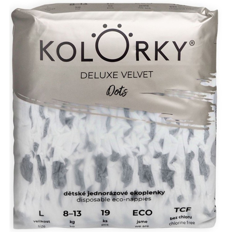Kolorky EKO Jednorázové plenky deluxe velvet L puntíky (8–13 kg) 19 ks