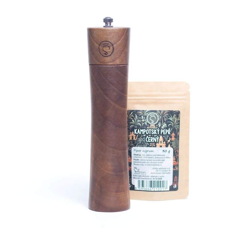 Dřevěný mlýnek s kampotským pepřem, ořech