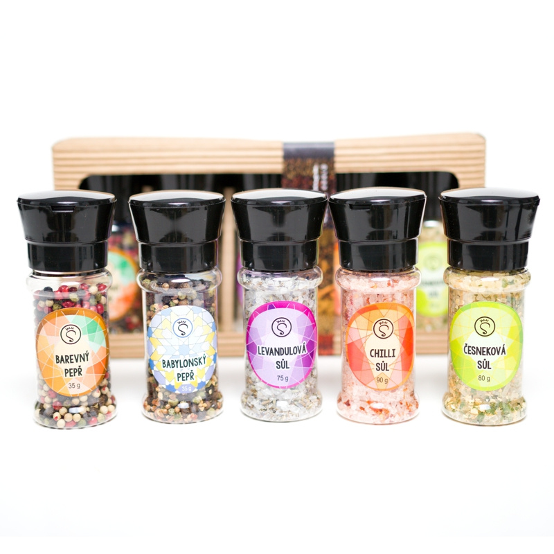 Dárková sada pěti mlýnků pepře a soli