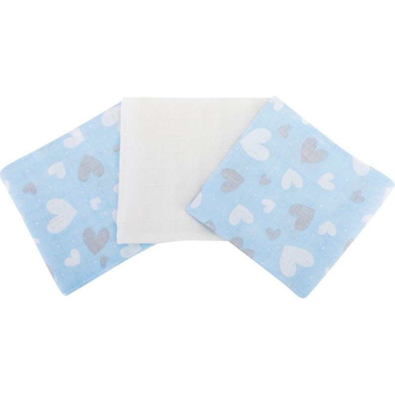 Pleny bavlna Premium potisk,80x70 cm, (3ks), SRDÍČKO  MODRÁ