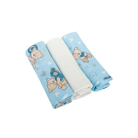 Pleny bavlna Premium potisk,80x70 cm, (3ks), MEDVÍDEK MODRÁ