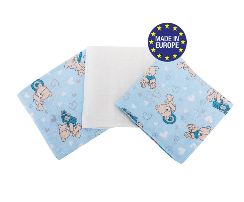 Pleny bavlna Premium potisk,80x70 cm, (3ks), MEDVÍDEK MODRÁ