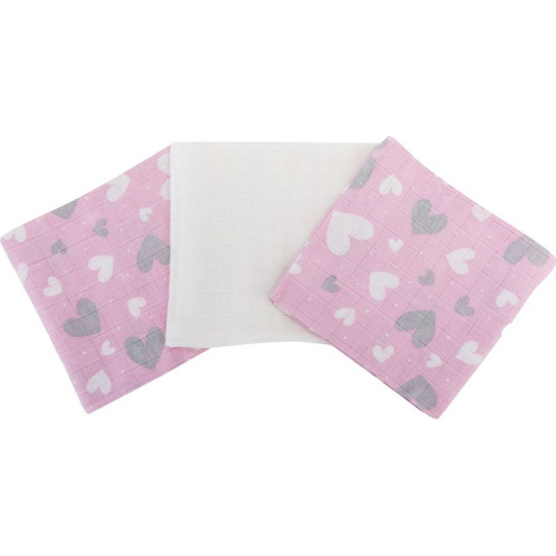 Pleny bavlna Premium potisk,80x70 cm, (3ks), SRDÍČKO RŮŽOVÁ