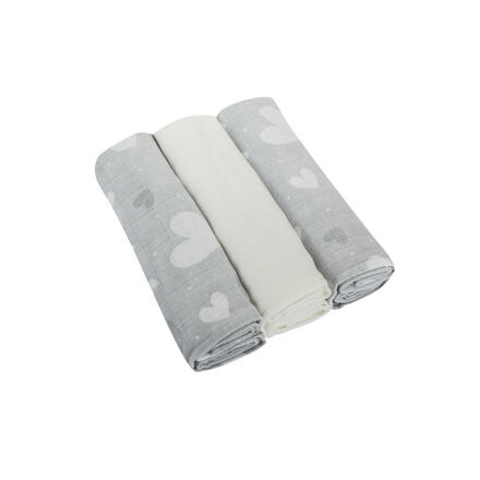 Pleny bavlna Premium  potisk,80x70 cm, (3ks), SRDÍČKO ŠEDÁ