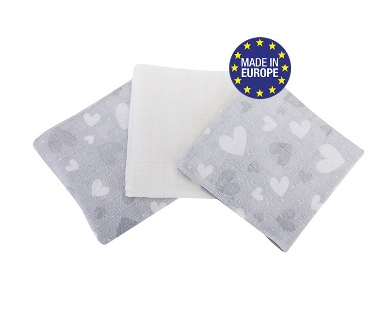 Pleny bavlna Premium  potisk,80x70 cm, (3ks), SRDÍČKO ŠEDÁ