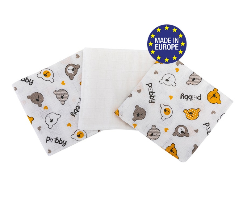 Pleny bavlna Premium potisk,80x70 cm, (3ks), MEDVÍDEK BÍLÁ