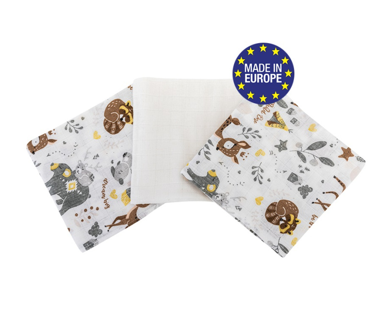 Pleny bavlna Premium 140 g/m2 potisk,80x70 cm, (3ks), LESNÍ ZVÍŘÁTKA