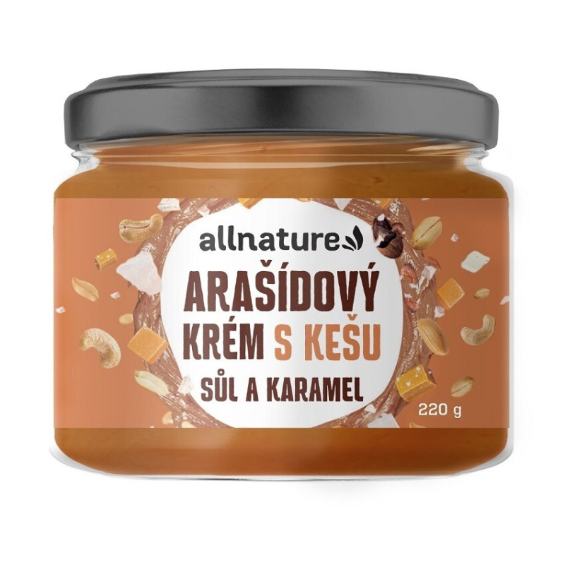 Allnature Arašídový krém s kešu, solí a karamelem, 220 g