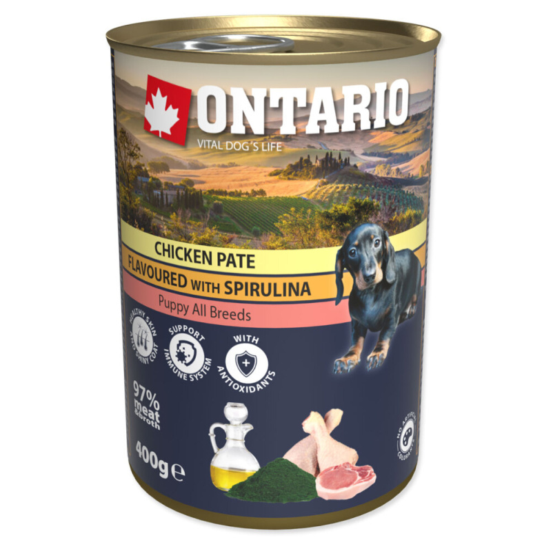 Konzerva ONTARIO Puppy kuřecí paté se spirulinou 400 g