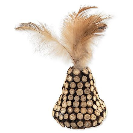 Hračka MAGIC CAT Natural Fun kužel s přírodními pírky a oblepené dřevem 13 cm