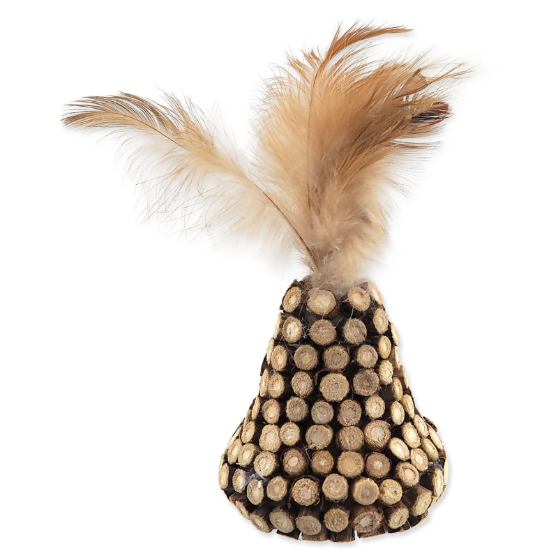 Hračka MAGIC CAT Natural Fun kužel s přírodními pírky a oblepené dřevem 13 cm
