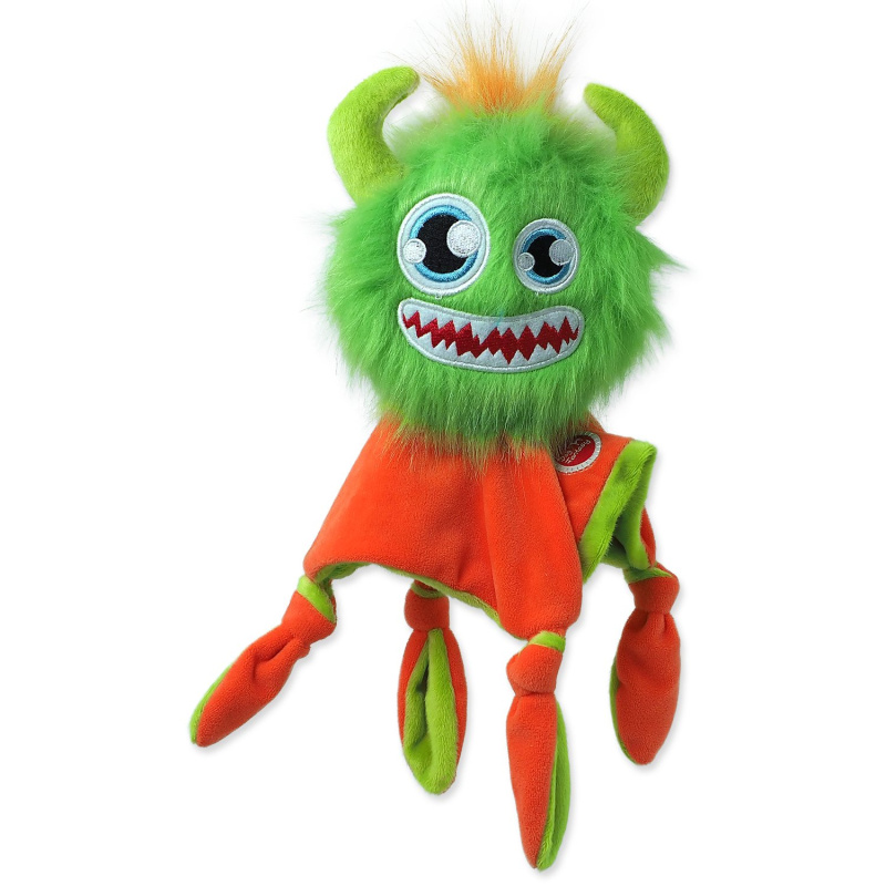 Hračka DOG FANTASY Monsters chlupaté strašidlo zelené pískací s dečkou 28 cm