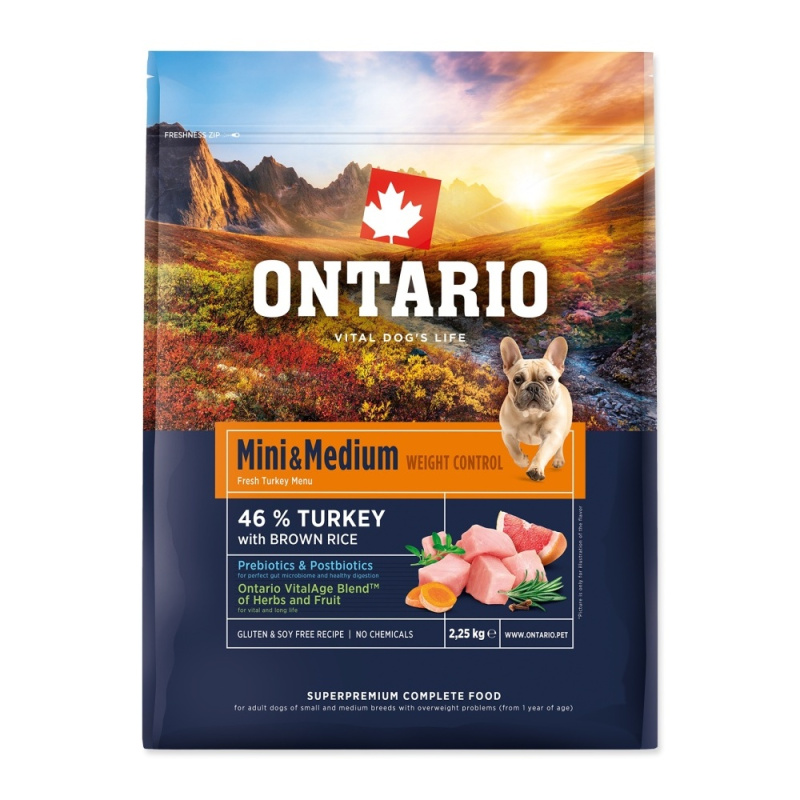 Krmivo Ontario Mini & Medium Weight Control Turkey & Brown Rice 2,25kg