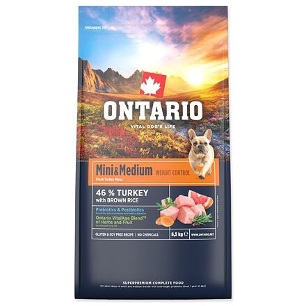 Krmivo Ontario Mini & Medium Weight Control Turkey & Brown Rice 6,5kg