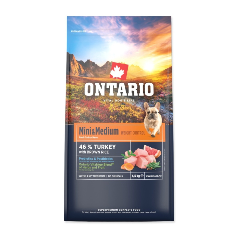 Krmivo Ontario Mini & Medium Weight Control Turkey & Brown Rice 6,5kg
