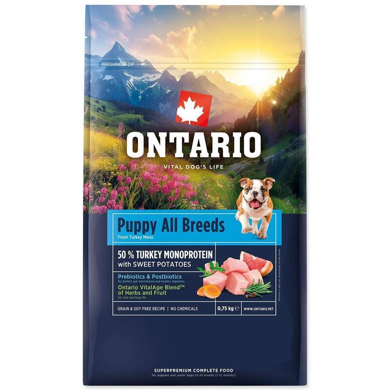 Krmivo Ontario Puppy & Junior All Breeds Monoprotein Turkey & Sweet Potatoes 0,75kg