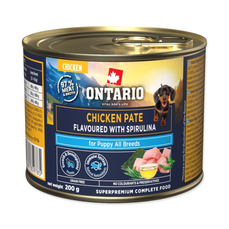 Konzerva Ontario Puppy kuřecí pate s příchutí spiruliny 200g